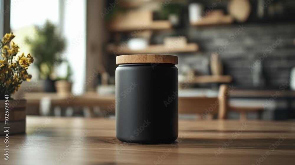 Mockup of a Black Jar with Wooden Lid in Cozy Kitchen Setting. Mockup of a Black Jar with Wooden Lid in Cozy Kitchen Setting.