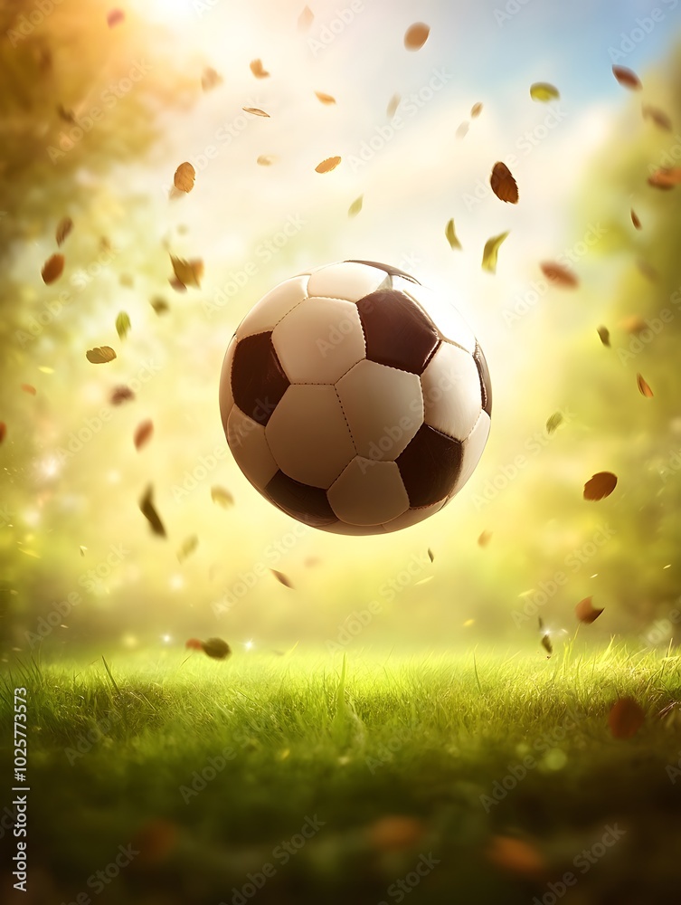 Fototapeta premium A soccer ball floats above a grassy field, surrounded by falling leaves, illuminated by a warm, glowing light, creating a serene, autumn atmosphere.