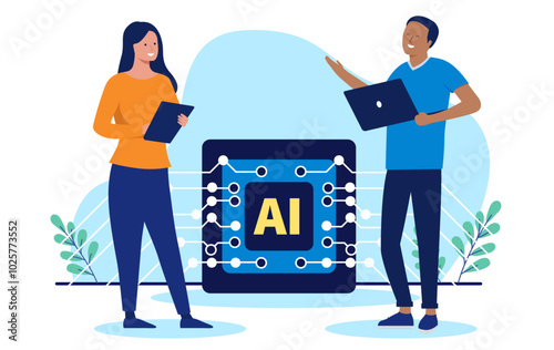People using AI at work - Two casual businesspeople, man and woman using artificial intelligence help at work, talking, discussing and holding laptop computers while smiling. Flat design vector
