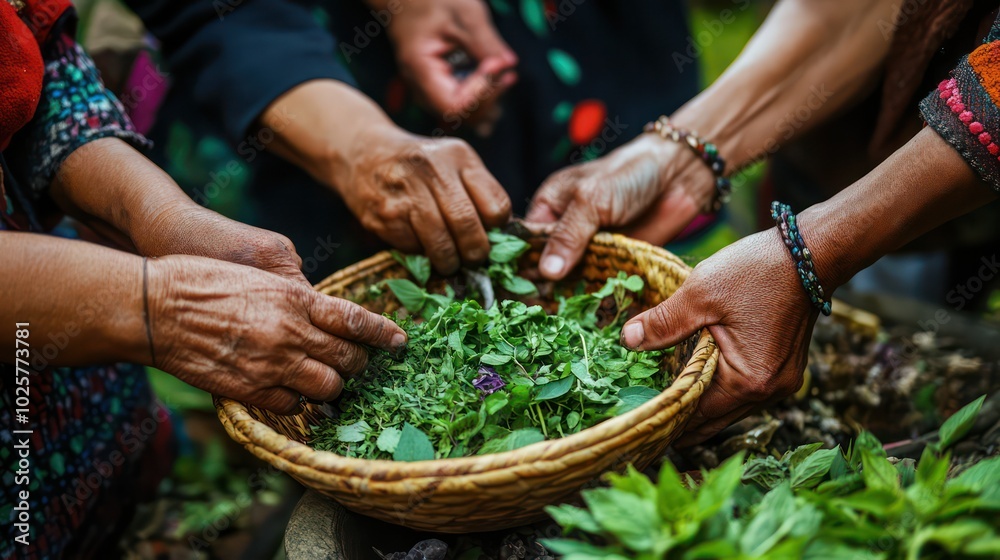 Indigenous healers using ancient plant medicine, harvesting herbs and ...
