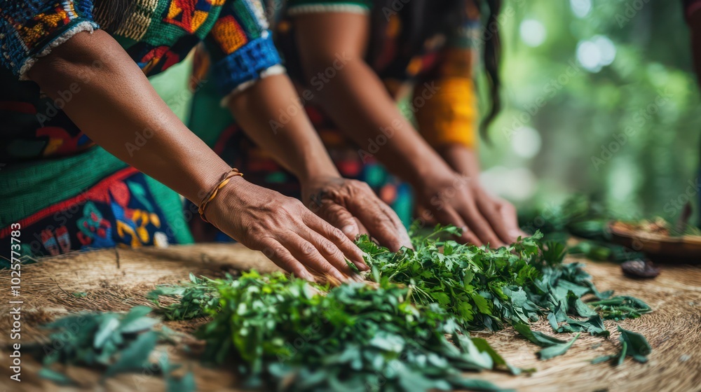 Indigenous healers using ancient plant medicine, harvesting herbs and plants for natural healing practices. Indigenous healers using ancient plant medicine, harvesting herbs and plants for natural healing practices.