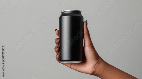 Mockup of Hand Holding Black Beverage Can on Light Background. photo