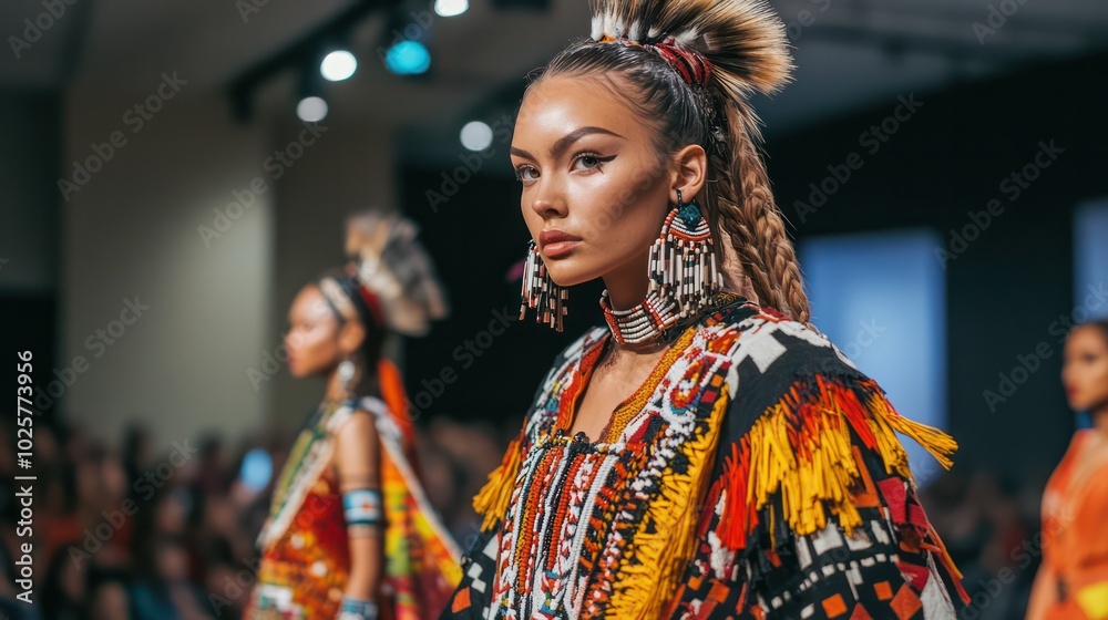 Indigenous fashion blending traditional craftsmanship with innovative designs in a multicultural fashion show. Indigenous fashion blending traditional craftsmanship with innovative designs in a multicultural fashion show.