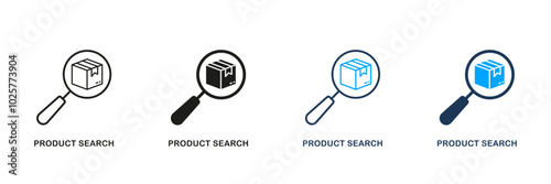 Product Search Line and Silhouette Icon Set. Box with Magnifier Pictogram. Warehouse Inventory, Find, Identify Parcel Symbol. Shipping Information Sign. Editable Stroke. Isolated Vector Illustration