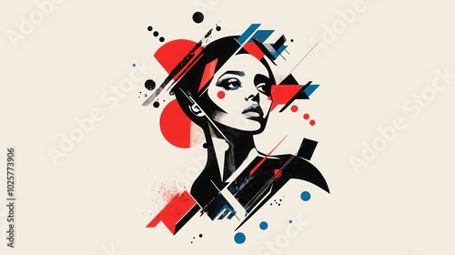 A stylized portrait of a woman with geometric shapes and splashes of color.