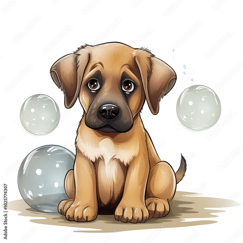 Fototapeta premium Cute Puppy Sitting With Soap Bubbles Floating Around On The Ground