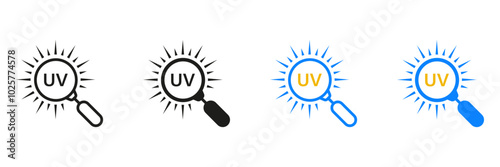 Ultraviolet Rays Research Line and Silhouette Icon Set. UV with Magnifying Glass Pictogram. Summer Sunshine Symbol. Danger Heatwave Sign. Isolated Vector Illustration