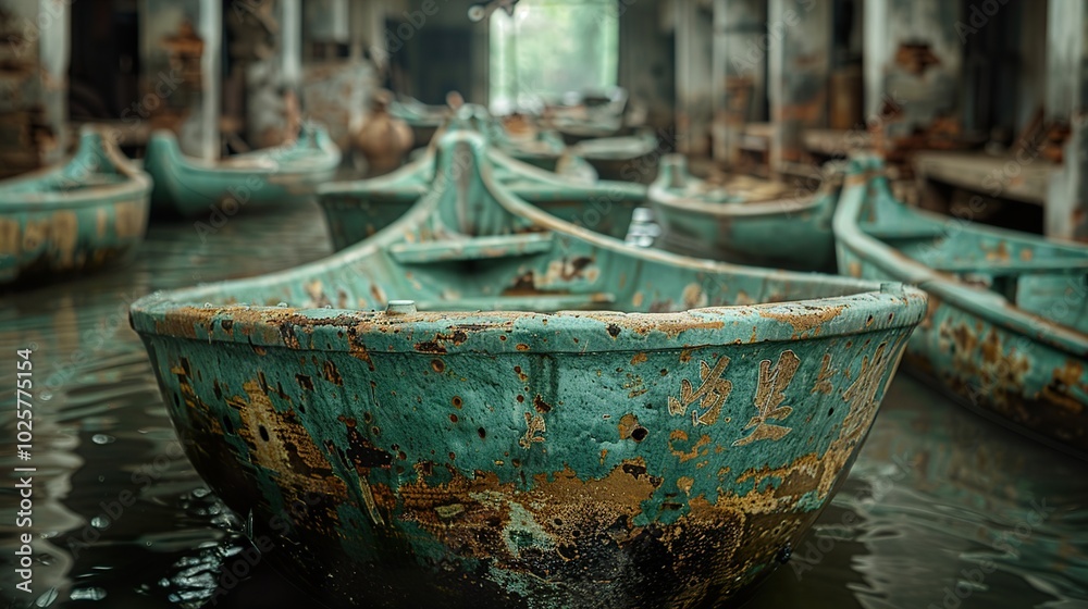 Weathered Boats Docked in a Calm River Weathered Boats Docked in a Calm River