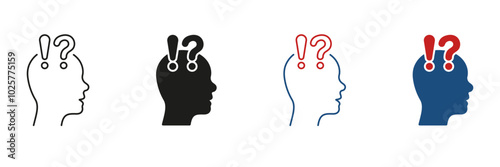 Human Head with Question Mark and Exclamation Point Line and Silhouette Icon Set. Person Face in Profile View Doubt and Curious Pictogram. Editable Stroke. Isolated Vector Illustration