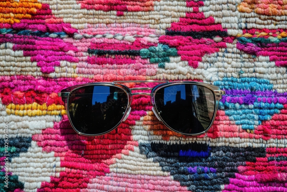 Fototapeta premium Colorful woven fabric with stylish sunglasses reflecting cityscape