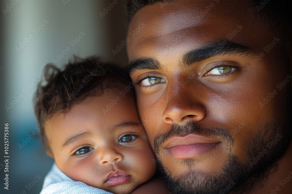 A proud biracial father lovingly holds his infant child indoors during daylight hours