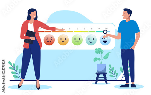 Business great rating and customer feedback - Two people looking at user satisfaction ranking with top score showing happiness. Flat design vector stock illustration with white background