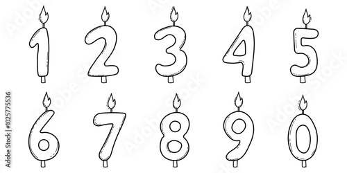 Birthday candles numbers cute outline doodle style, hand drawn. Set greeting numeral party decorations with flame. 