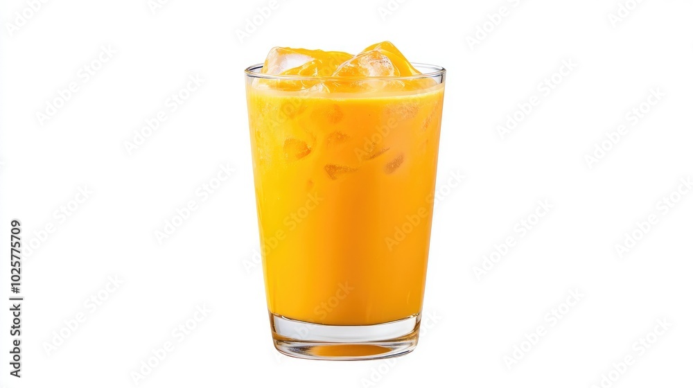 Classic Thai milk tea in a transparent glass with ice, showing vibrant orange color, isolated on a white background. Classic Thai milk tea in a transparent glass with ice, showing vibrant orange color, isolated on a white background.
