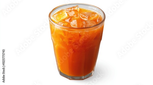 Classic Thai milk tea in a transparent glass with ice, showing vibrant orange color, isolated on a white background.