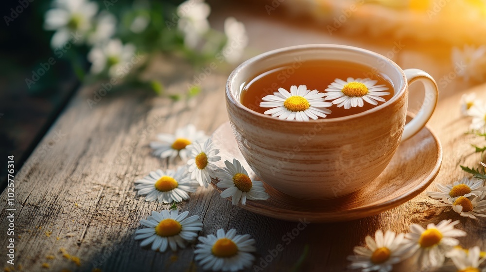 Refreshing Cup of Chamomile Tea with Floral Accents Refreshing Cup of Chamomile Tea with Floral Accents