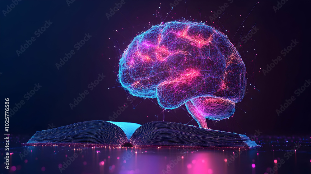 Abstract Glowing Brain Connects with Book of Knowledge on a Dark Background Abstract Glowing Brain Connects with Book of Knowledge on a Dark Background