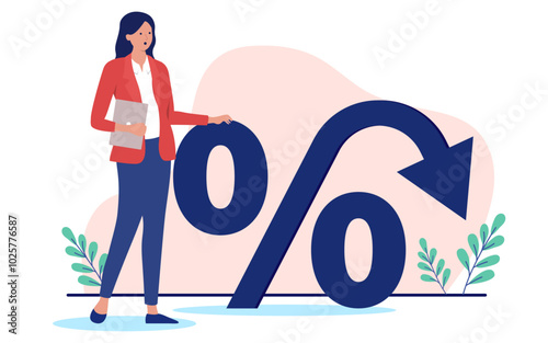 Business inflation - Businesswoman standing with percentage sign and arrow pointing down to loss. Reduction tax and fees concept. Flat design vector stock illustration with white background