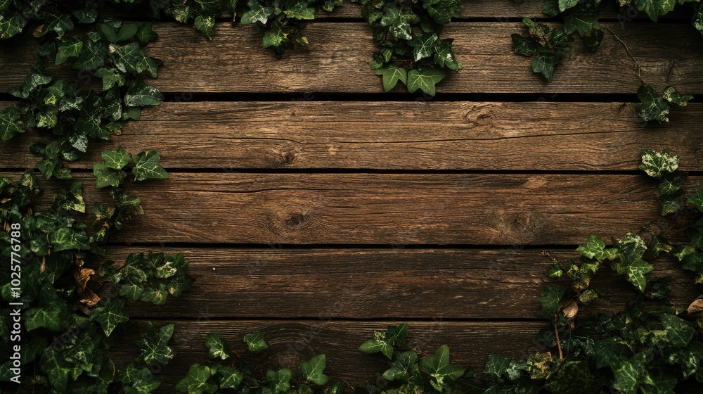 Rustic Wooden Background with Green Ivy Accents Rustic Wooden Background with Green Ivy Accents