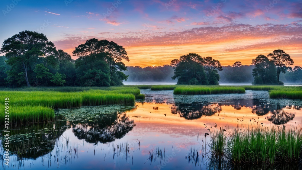 Obraz premium Serene landscape at dawn with reflective water, lush greenery, and colorful sky.