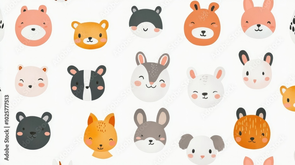 Kids room wallpaper featuring cute animal prints on a white background, ready for design projects. Kids room wallpaper featuring cute animal prints on a white background, ready for design projects.