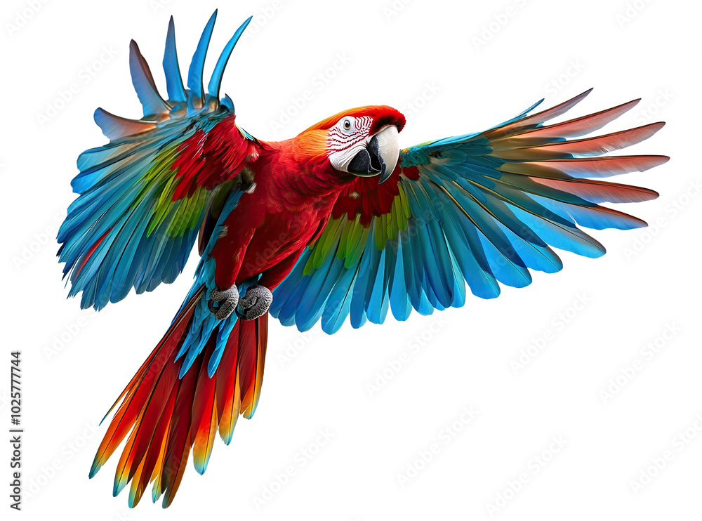 Fototapeta premium Colorful parrot flying with wide-spread wings, isolated on transparent cutout background