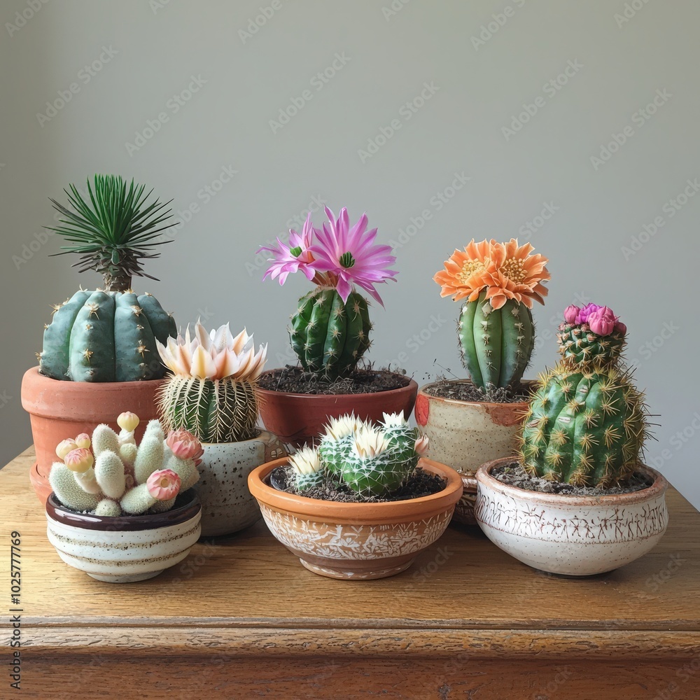 A Beautiful Display of Various Small Cacti and Succulent Plants in Decorative Pots on a Wooden Table A Beautiful Display of Various Small Cacti and Succulent Plants in Decorative Pots on a Wooden Table
