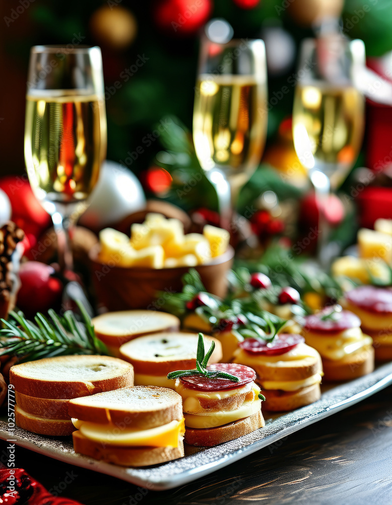 Christmas Toast with Champagne and Holiday Appetizers. Christmas Table with Champagne and Holiday Canapés. Christmas Party with Champagne and Festive Snacks Christmas Toast with Champagne and Holiday Appetizers. Christmas Table with Champagne and Holiday Canapés. Christmas Party with Champagne and Festive Snacks