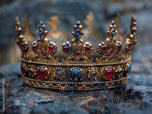 Golden Crown with Red and Blue Gemstones: A Symbol of Royalty and Power