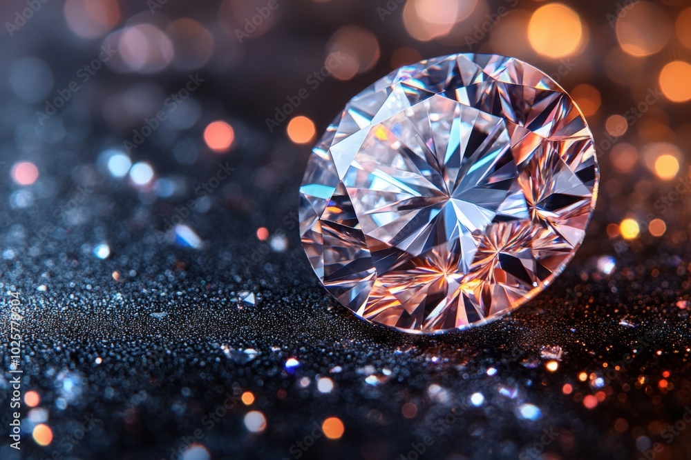 Close-up of a beautifully cut diamond sparkling against a dark, glittering background Close-up of a beautifully cut diamond sparkling against a dark, glittering background