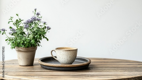 Small cafe scene with a rustic table, coffee cup, and plant decor, isolated on a crisp white background.