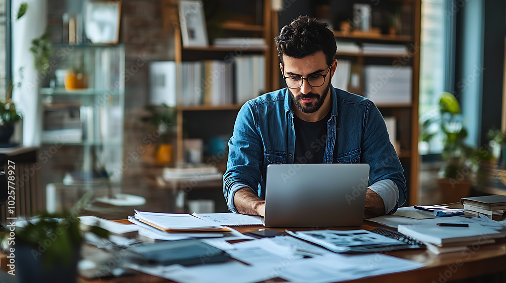 A man is sitting at a desk with a laptop open in front of him A man is sitting at a desk with a laptop open in front of him