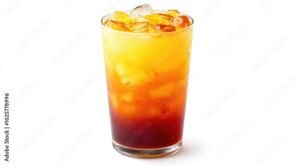 Thai milk tea served in a tall glass, with ice cubes floating, isolated on white, showing vibrant layers of tea and milk. Thai milk tea served in a tall glass, with ice cubes floating, isolated on white, showing vibrant layers of tea and milk.