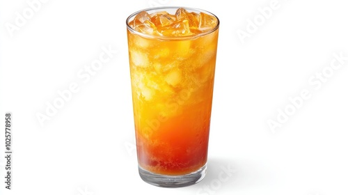 Thai milk tea served in a tall glass, with ice cubes floating, isolated on white, showing vibrant layers of tea and milk.