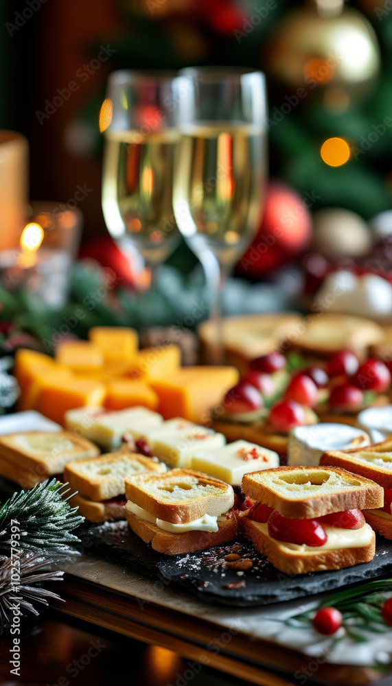 Christmas Toast with Champagne and Holiday Appetizers. Christmas Table with Champagne and Holiday Canapés. Christmas Party with Champagne and Festive Snacks Christmas Toast with Champagne and Holiday Appetizers. Christmas Table with Champagne and Holiday Canapés. Christmas Party with Champagne and Festive Snacks
