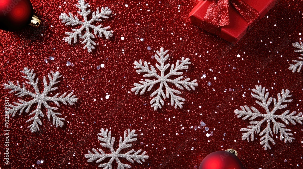 Sparkling Snowflakes on Festive Red Background Sparkling Snowflakes on Festive Red Background