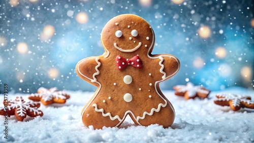 Festive gingerbread man surrounded by snowflakes