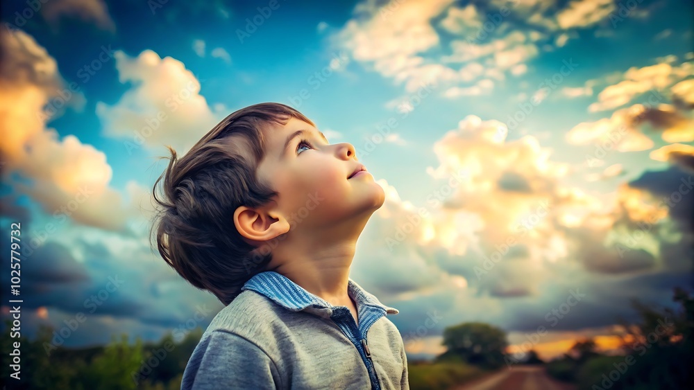 Curious boy gazing at the sky during sunset Curious boy gazing at the sky during sunset