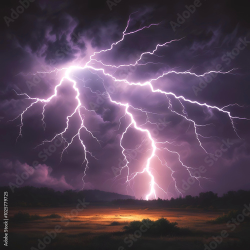 Strong and powerful lightning bolt on dark sky.