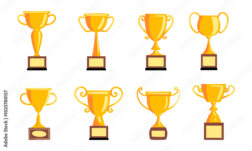 Golden Trophy Collection for Award Ceremonies. A collection of eight golden trophy designs, perfect for award ceremonies, celebrations, and congratulatory events Golden Trophy Collection for Award Ceremonies. A collection of eight golden trophy designs, perfect for award ceremonies, celebrations, and congratulatory events