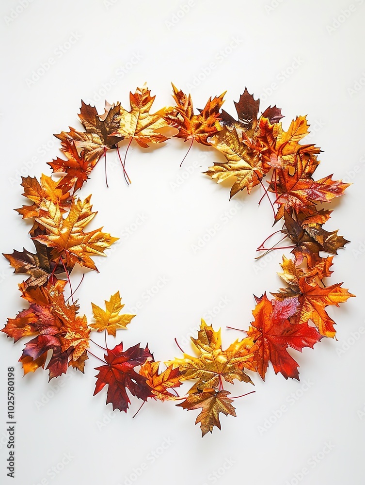 Fototapeta premium Vibrant autumn leaves arranged in circle on white background