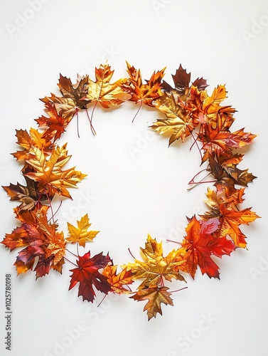 Vibrant autumn leaves arranged in circle on white background