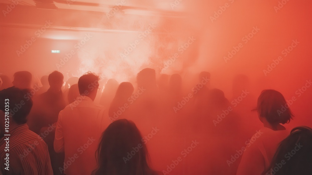 Obraz premium A crowded scene filled with red smoke, creating an intense, energetic atmosphere during a lively event or performance.