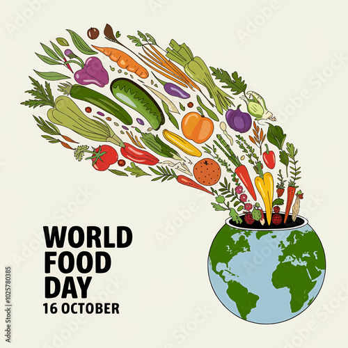 Colorful illustration for World Food Day on October 16th featuring a cornucopia overflowing with vegetables, fruits, and grains, symbolizing food security and nutrition.

