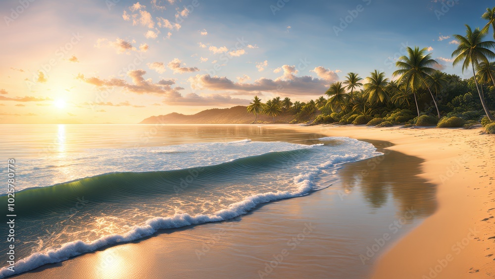 Serene beach at sunset with gentle waves and palm trees lining the shore. Serene beach at sunset with gentle waves and palm trees lining the shore.