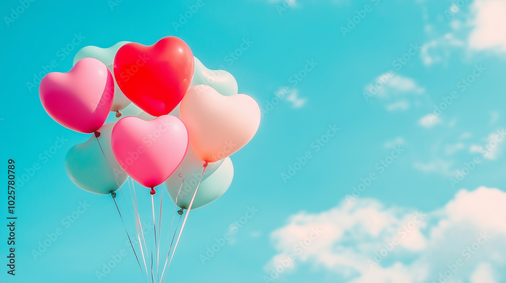 A bouquet of red and pink heart-shaped balloons floating against a bright blue sky, with soft sunlight casting a romantic glow. v2 A bouquet of red and pink heart-shaped balloons floating against a bright blue sky, with soft sunlight casting a romantic glow. v2