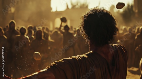 wide shot of Stephen being stoned, Saul standing with his arms crossed in the background, the crowd in a frenzy, stones mid-air photo