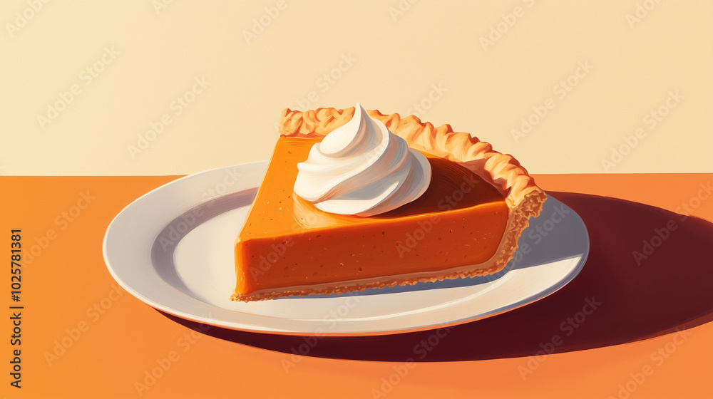 Slice of pumpkin pie with whipped cream in warm tones