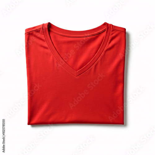 folded red v neck t-shirt mockup on white background