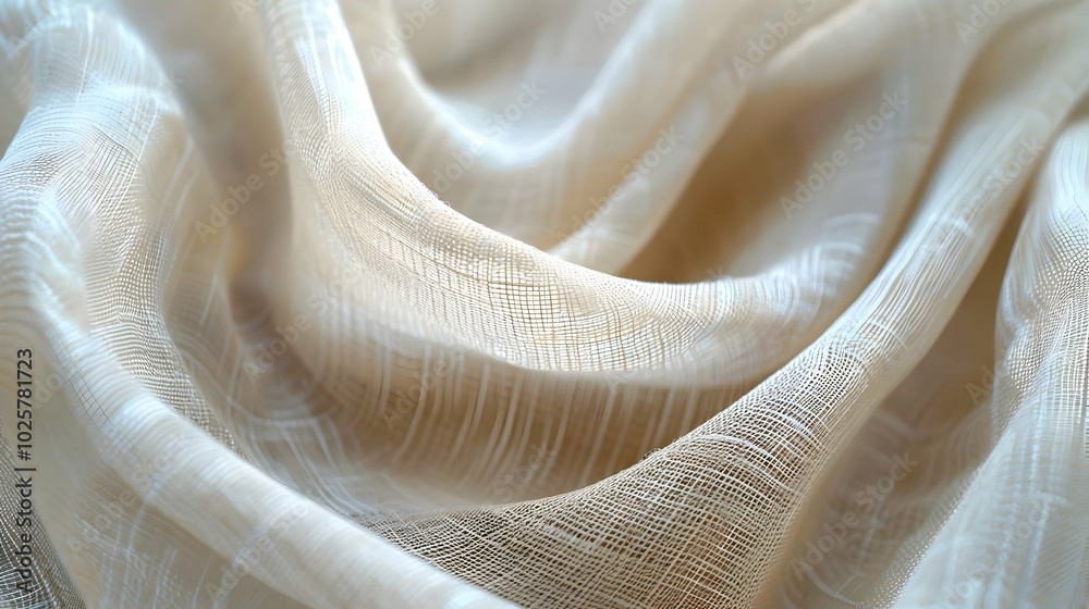 Closeup of a light beige, textured fabric with a delicate grid pattern. Closeup of a light beige, textured fabric with a delicate grid pattern.